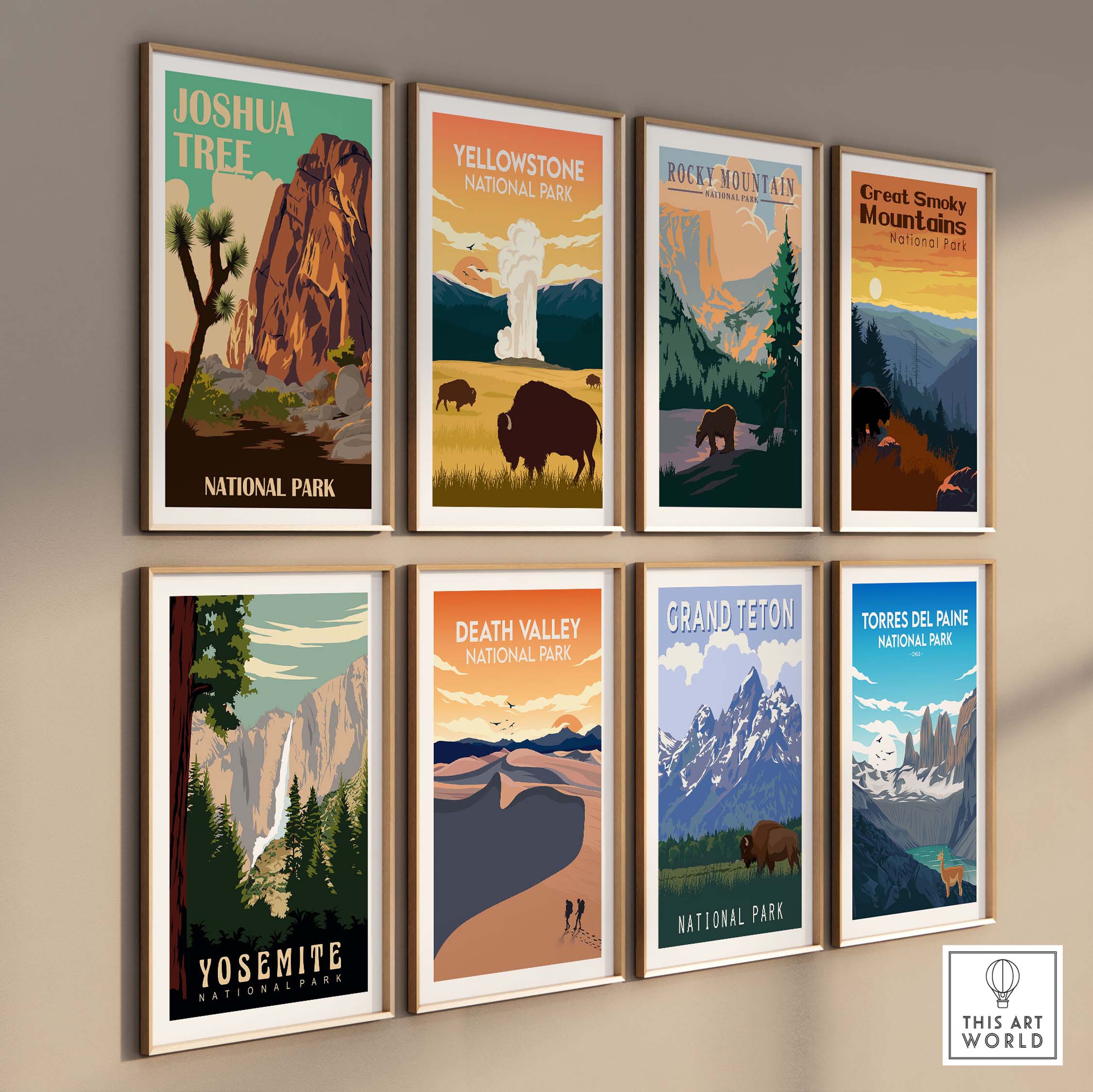 Gallery of vintage National Park prints featuring Rocky Mountains, Yellowstone, Yosemite, and more.