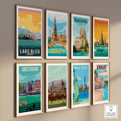 Framed travel poster prints including Lake Bled, Barcelona, Bangkok, and others, stylish wall art for home decor.