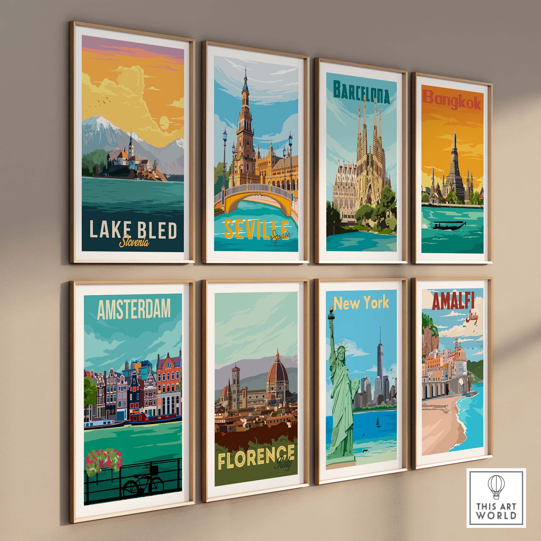 Framed travel poster prints including Lake Bled, Barcelona, Bangkok, and others, stylish wall art for home decor.