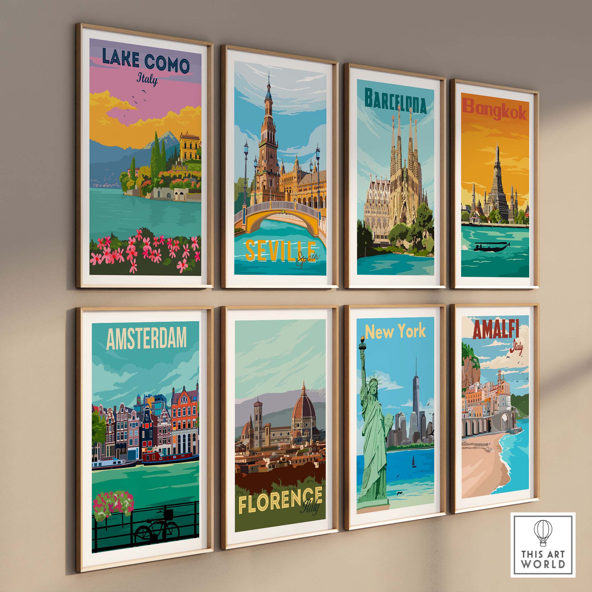 Lake Como Italy wall art among vintage travel posters of Barcelona, Bangkok, Amsterdam, and more, showcasing wanderlust nostalgia.