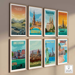 Colorful travel posters including a Lake District National Park design, showcasing iconic landmarks and minimalist art.
