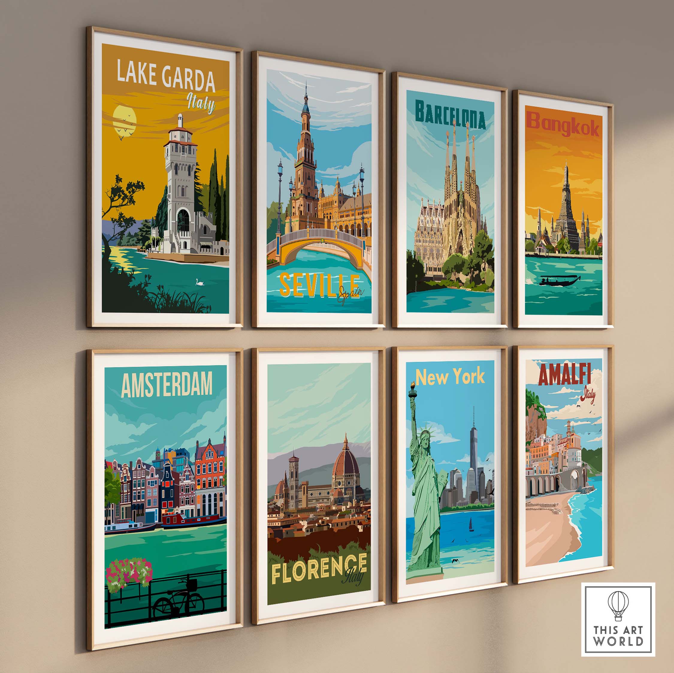 Gallery wall featuring Lake Garda, Barcelona, Bangkok, Seville, Amsterdam, Florence, New York, and Amalfi travel posters.