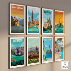 Collection of vintage travel posters featuring Lake Geneva, Barcelona, Bangkok, and more.