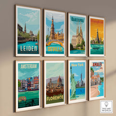 Gallery of framed vintage travel posters featuring Leiden, Seville, Barcelona, Bangkok, Amsterdam, Florence, New York, Amalfi.