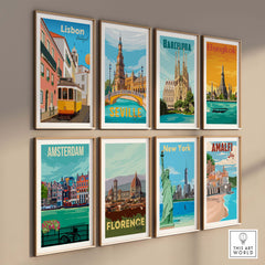 Nine vintage travel posters in frames, featuring Lisbon, Barcelona, Bangkok, Seville, Amsterdam, Florence, New York, and Amalfi.