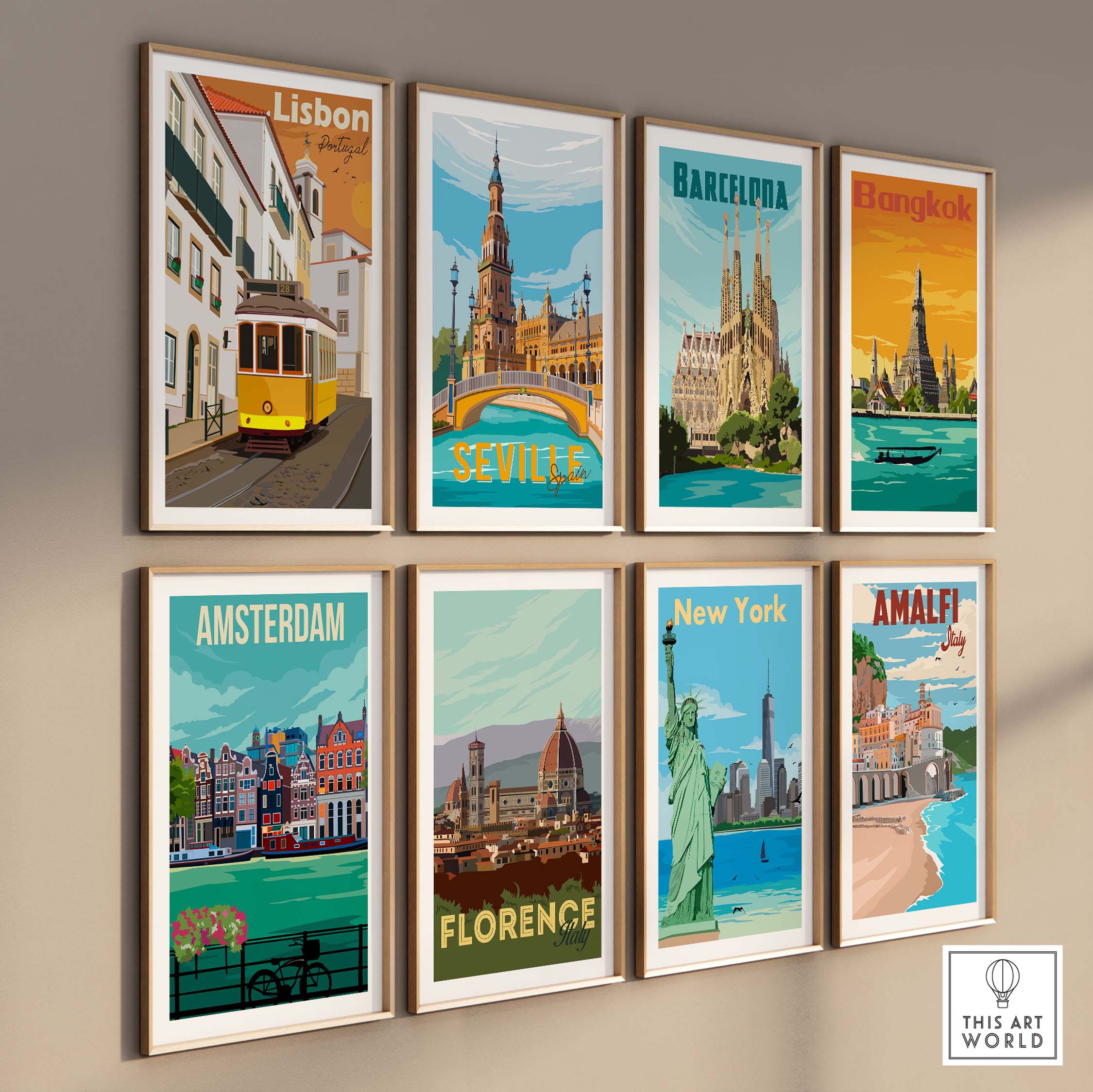 Vintage travel poster wall art featuring Lisbon, Barcelona, Bangkok, Seville, Amsterdam, Florence, New York, and Amalfi.