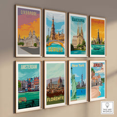 Liverpool travel poster featuring vintage design, part of a framed wall art collection with other city posters.