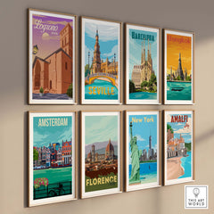 Logrono Spain vintage travel poster print collection displayed on a wall, featuring cities like Barcelona, Seville, and New York.