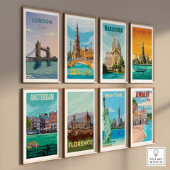 Gallery of vintage travel poster prints featuring London, Barcelona, Bangkok, and more.