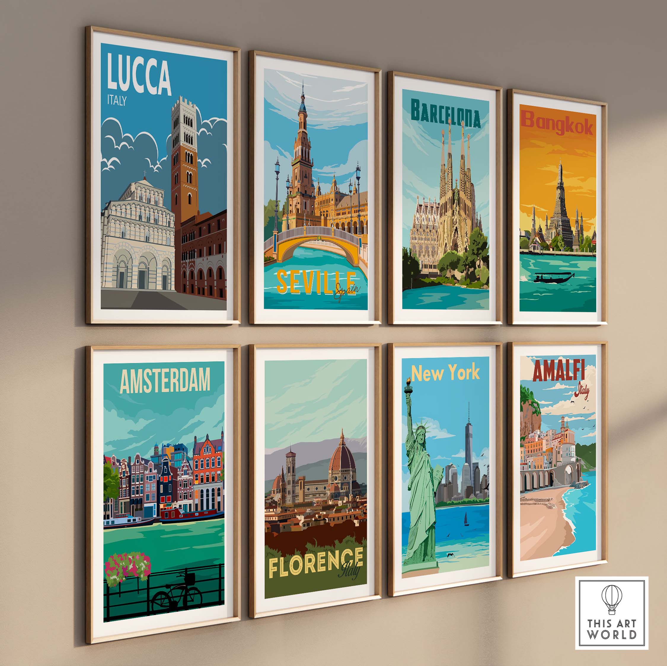 Lucca Poster Italy Wall Art Print featuring vintage travel designs and framed artwork on display.