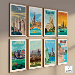 Framed travel posters featuring Lyon, Barcelona, Bangkok, Seville, Amsterdam, Florence, New York, and Amalfi.