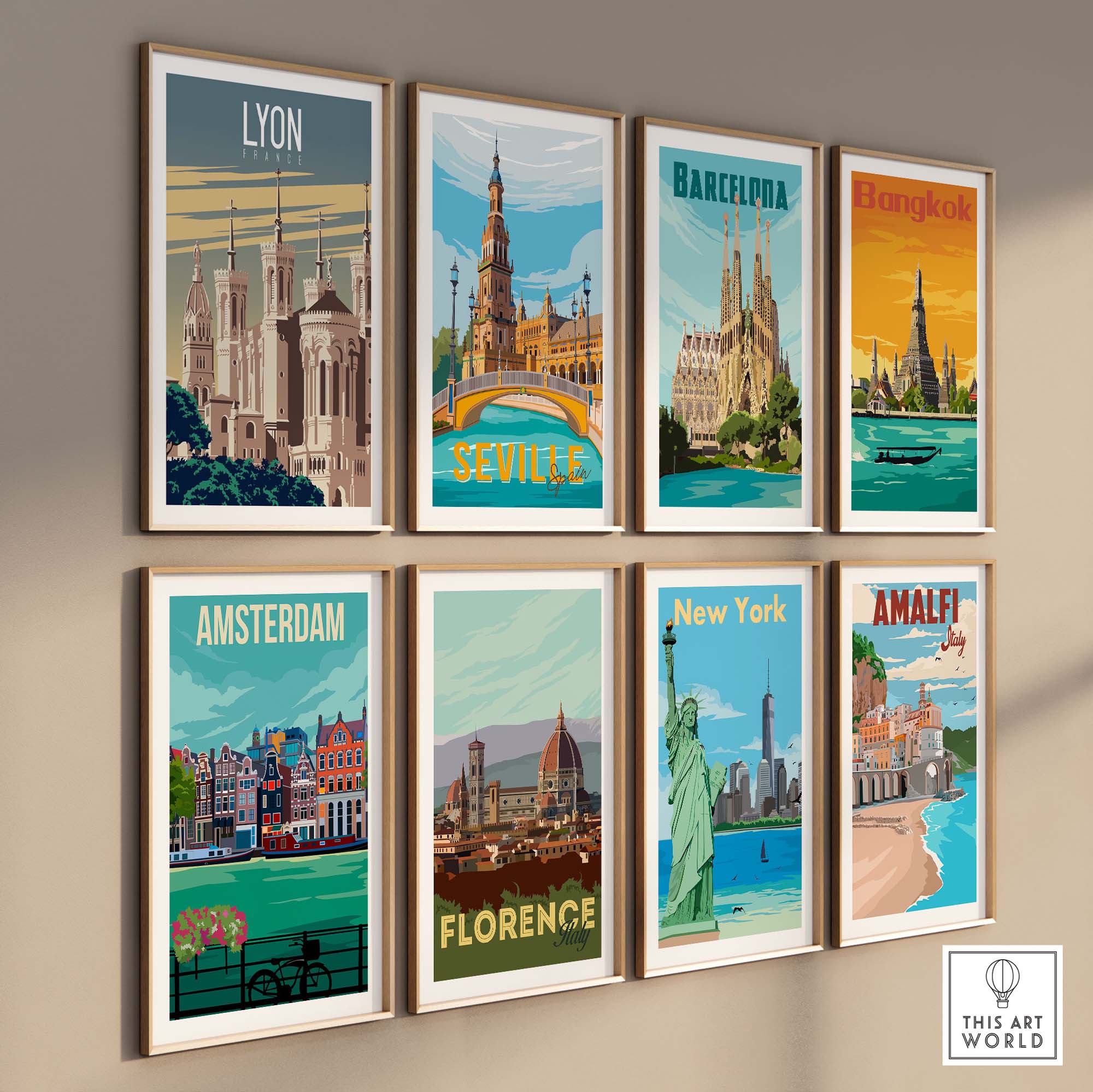 Framed travel posters featuring Lyon, Barcelona, Bangkok, Seville, Amsterdam, Florence, New York, and Amalfi.