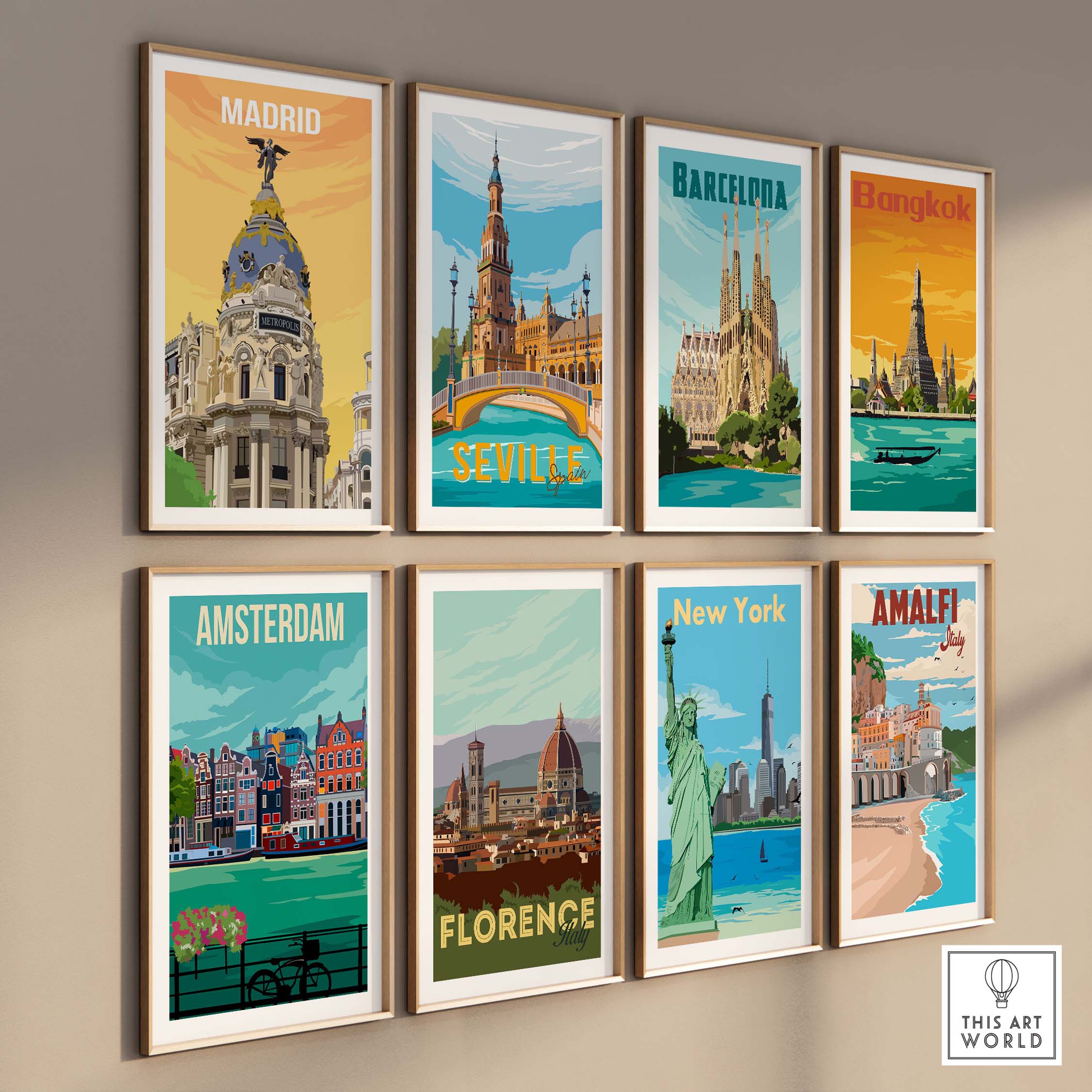 Vintage travel poster wall art featuring cities like Barcelona, Madrid, and New York in stylish frames.