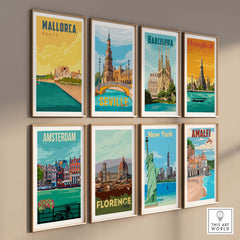 Gallery of vintage-style travel posters featuring Mallorca, Barcelona, Bangkok, Seville, Amsterdam, Florence, New York, and Amalfi.