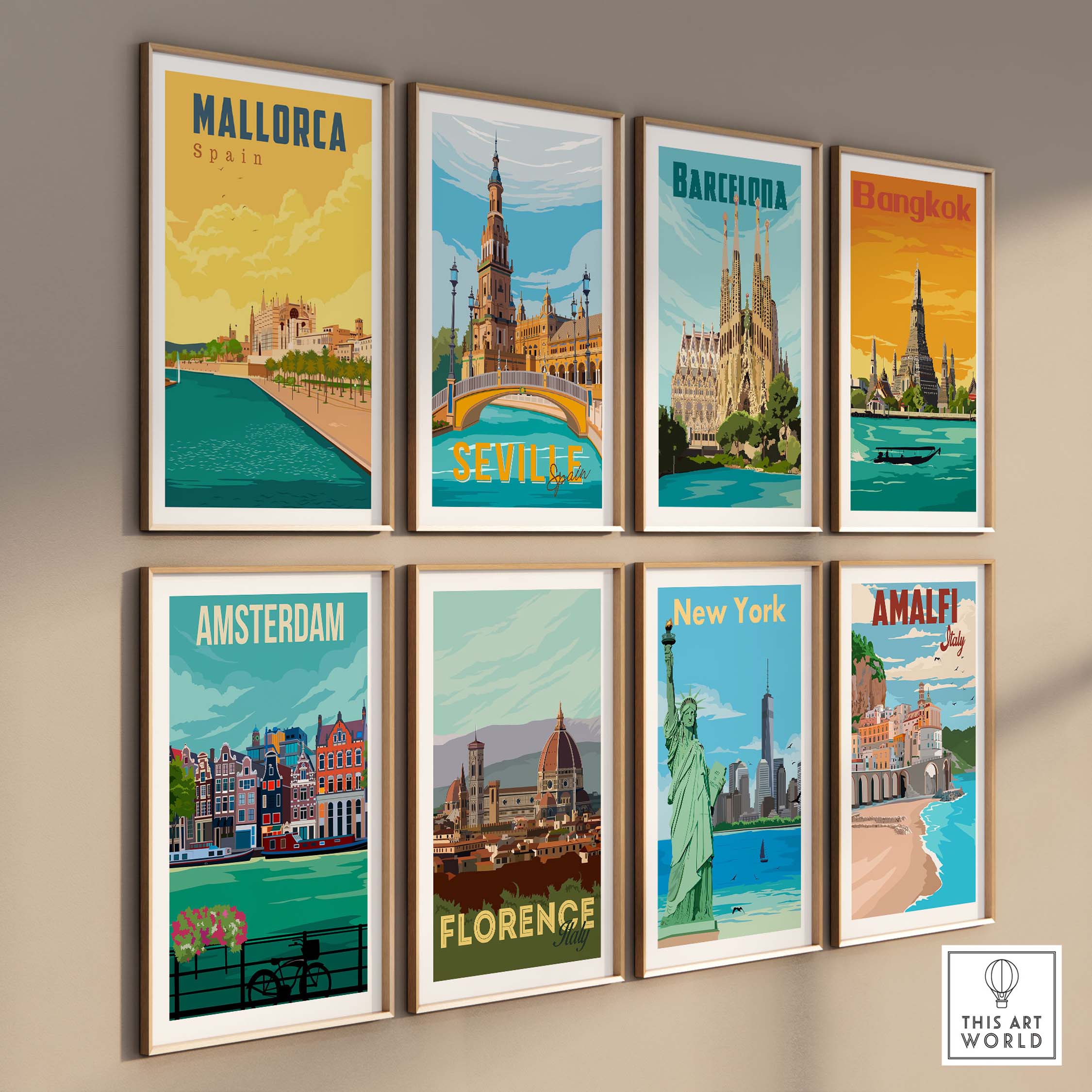 Gallery of vintage-style travel posters featuring Mallorca, Barcelona, Bangkok, Seville, Amsterdam, Florence, New York, and Amalfi.
