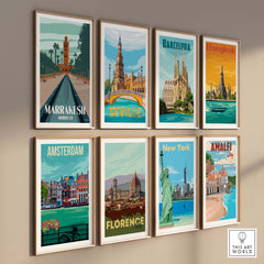 Collection of vintage travel posters featuring Marrakesh, Seville, Barcelona, Bangkok, Amsterdam, Florence, New York, and Amalfi.