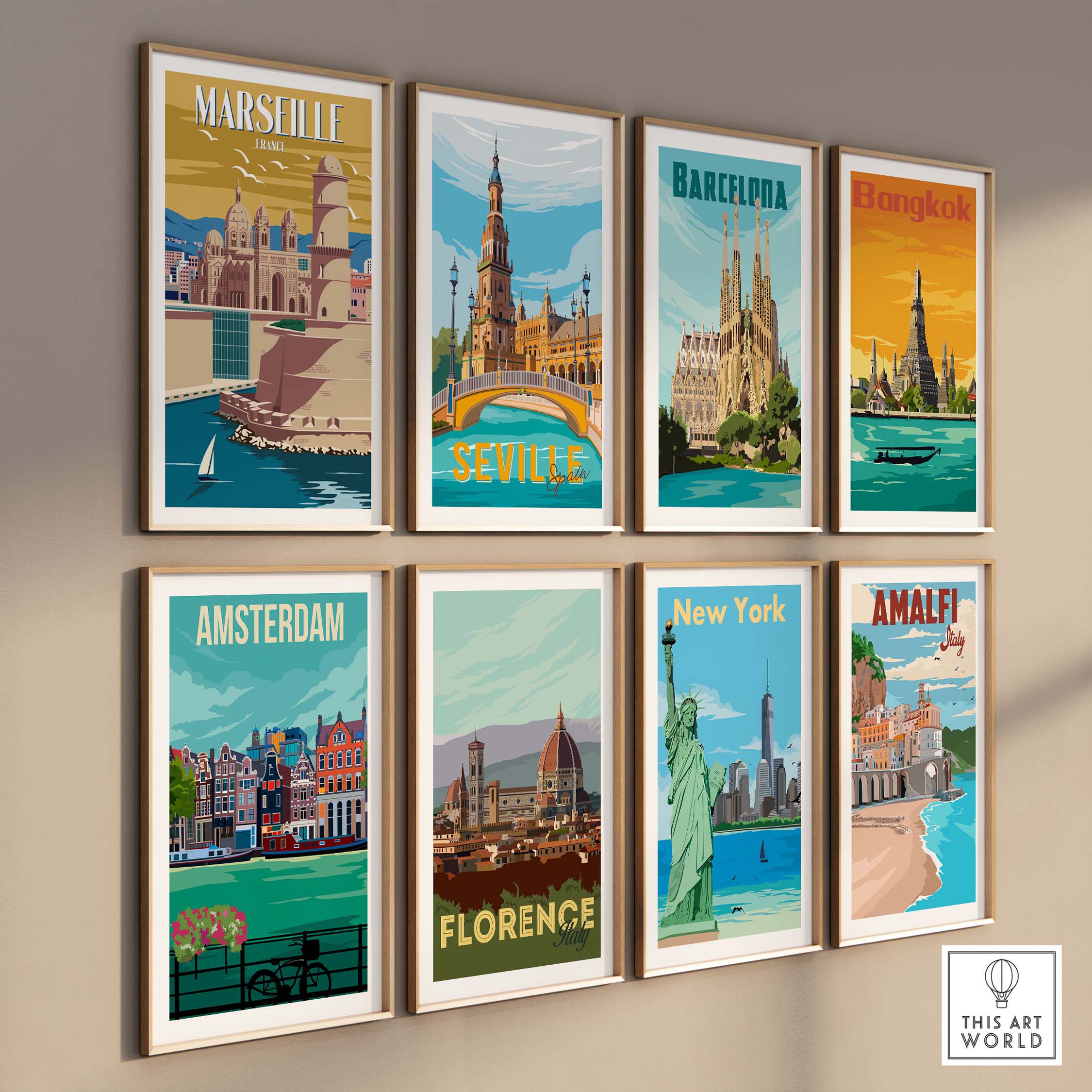 Gallery of vintage travel posters featuring Marseille, Barcelona, Bangkok, and more in stylish frames.