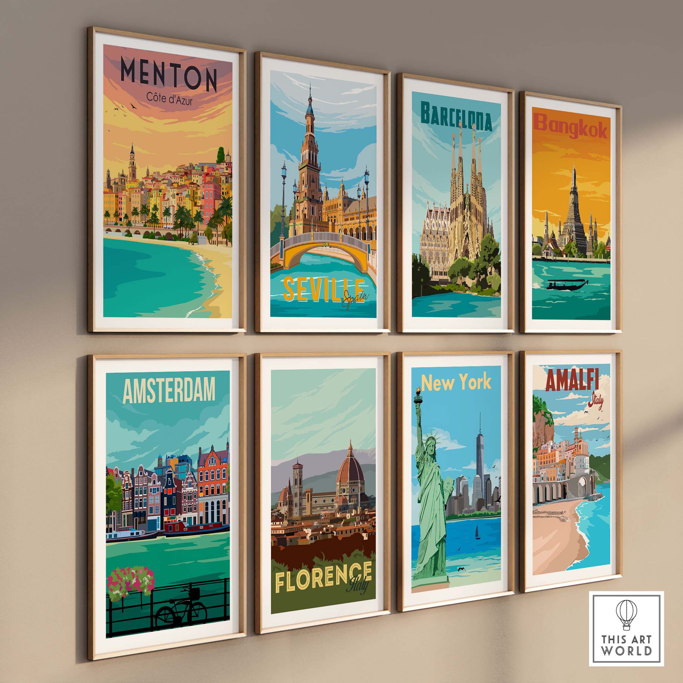 Vintage travel posters featuring Menton, Barcelona, Bangkok, Seville, Amsterdam, Florence, New York, and Amalfi.