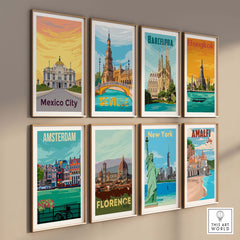 Collection of vintage-inspired travel posters featuring Mexico City, Seville, Barcelona, Bangkok, Amsterdam, New York, Florence, Amalfi.