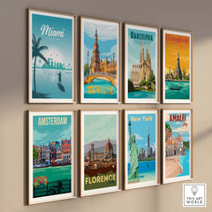 Stylish Miami poster wall art print with travel inspirations, featuring vintage designs of iconic cities.