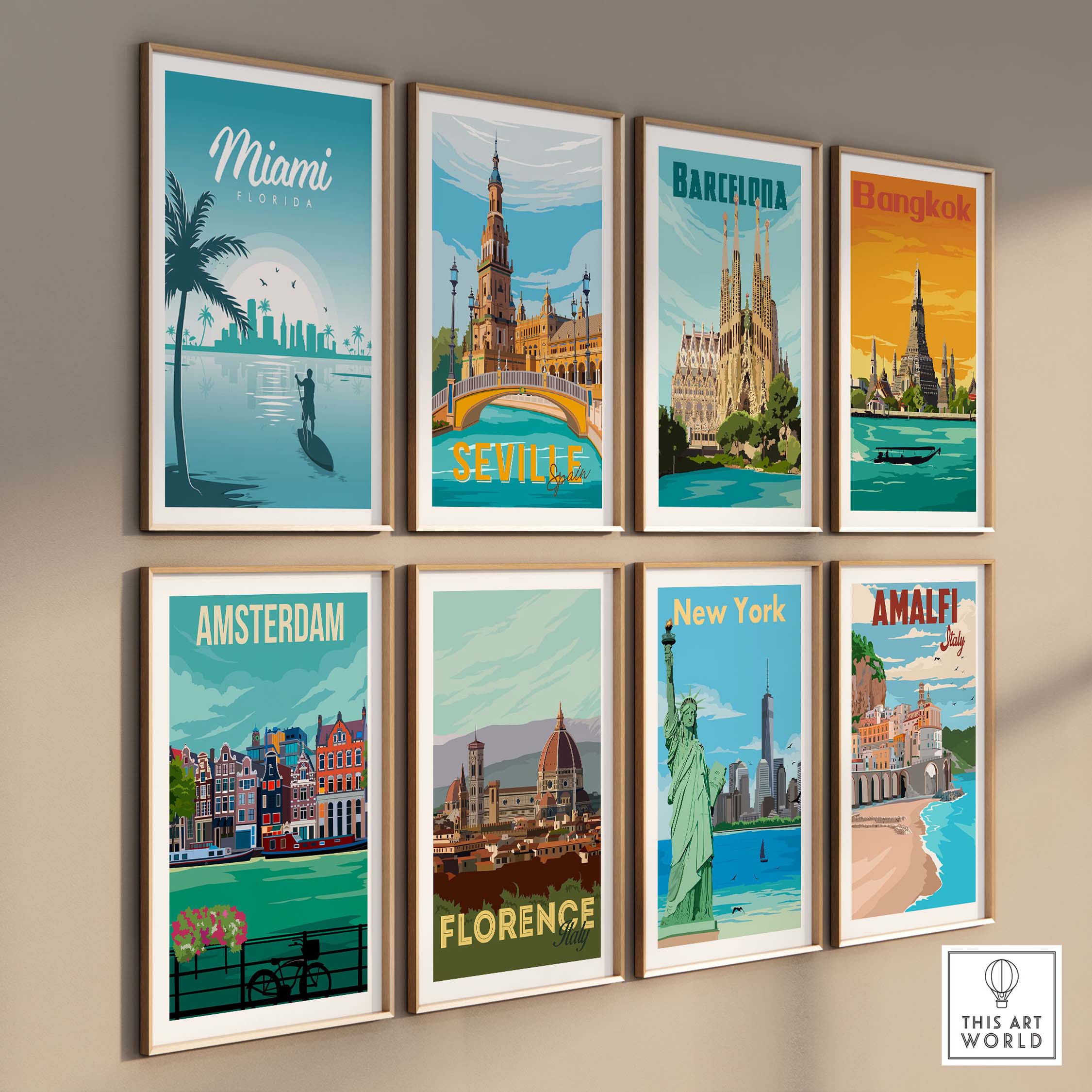 Stylish Miami poster wall art print with travel inspirations, featuring vintage designs of iconic cities.