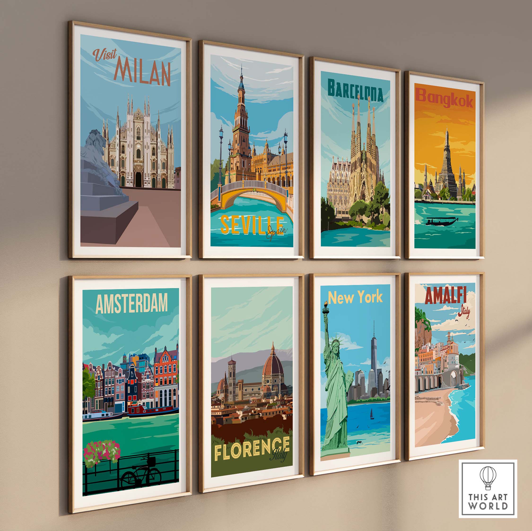 Collection of vintage travel posters featuring Milan, Barcelona, Bangkok, and more, framed wall art for stylish decor.