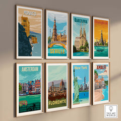 Monaco Wall Art Print featuring vintage travel poster designs including Barcelona, Bangkok, Amsterdam, and more.