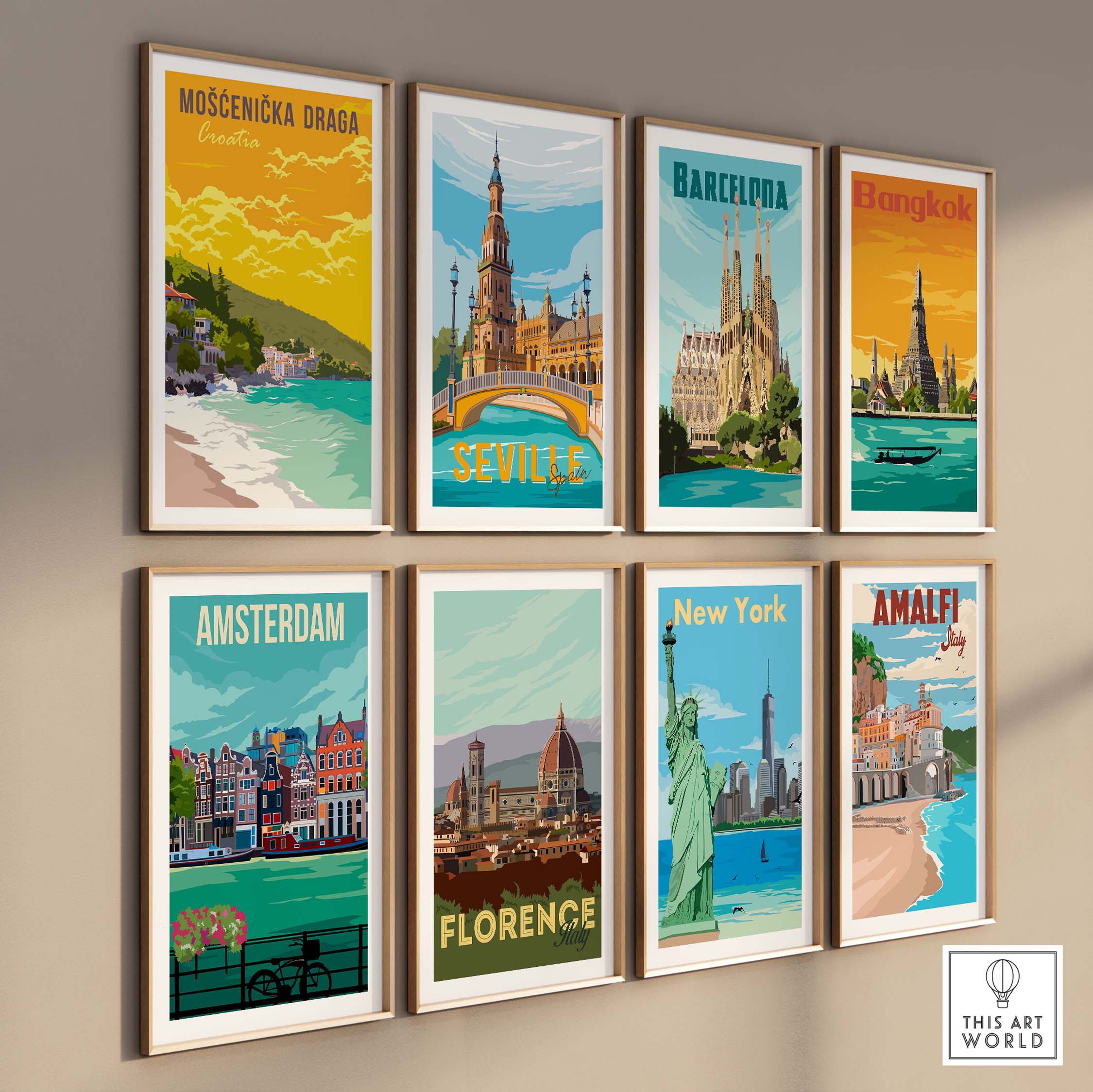 Gallery of vintage travel posters featuring Mošćenička Draga and other iconic cities.