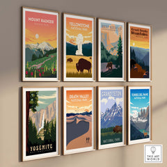 Framed vintage-style National Park prints including Mount Rainier, Yellowstone, and Yosemite artwork for stylish home decor.