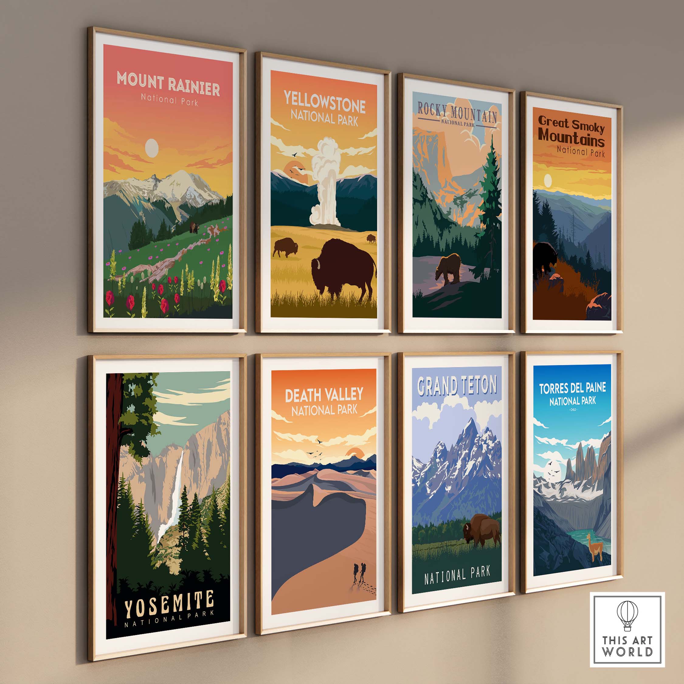 Framed vintage-style National Park prints including Mount Rainier, Yellowstone, and Yosemite artwork for stylish home decor.
