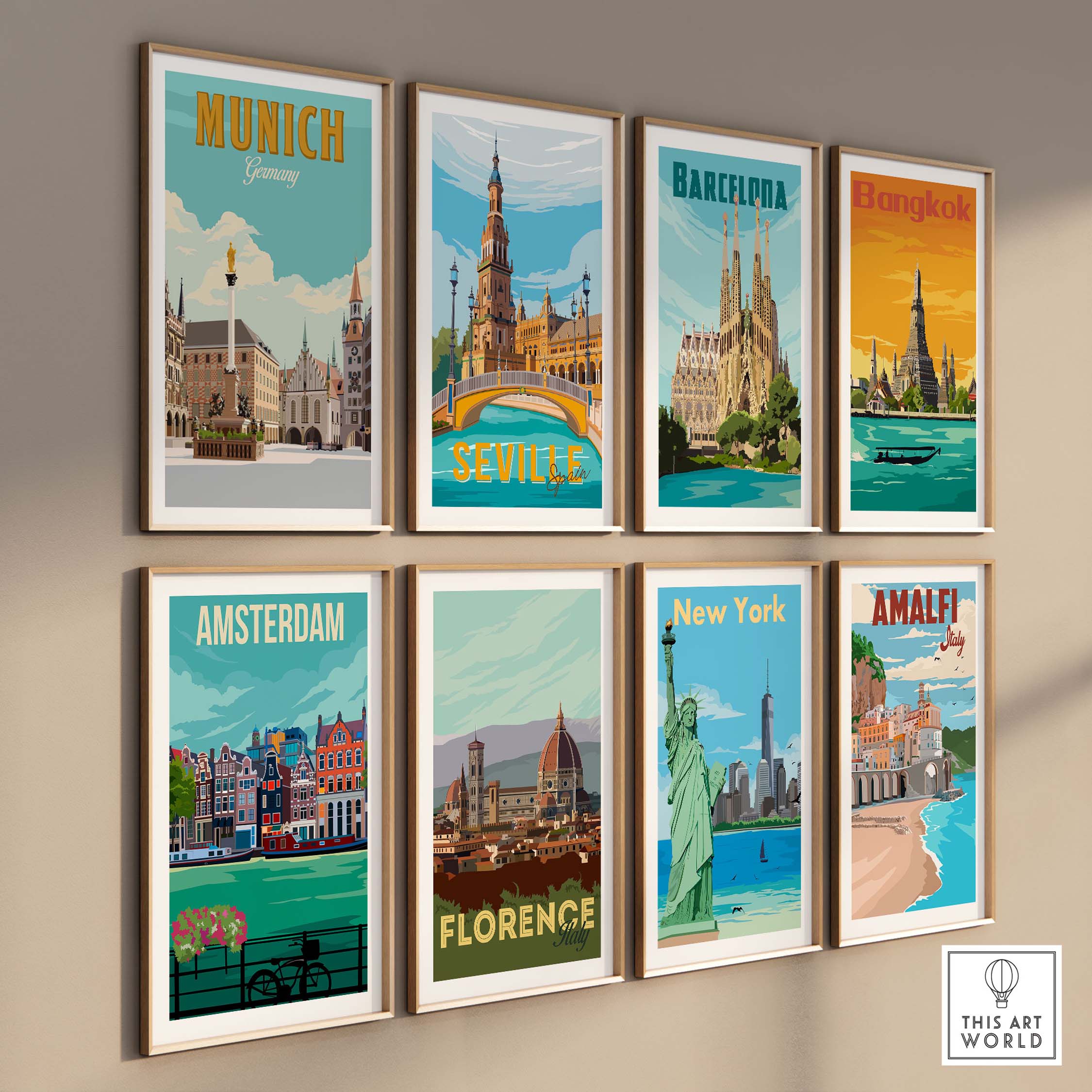 Collection of vintage travel poster prints including Munich, Barcelona, Bangkok, and more, displayed in stylish frames.