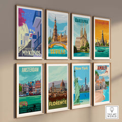Colorful Mykonos and city travel posters framed on wall, showcasing vintage art inspired by popular travel destinations.