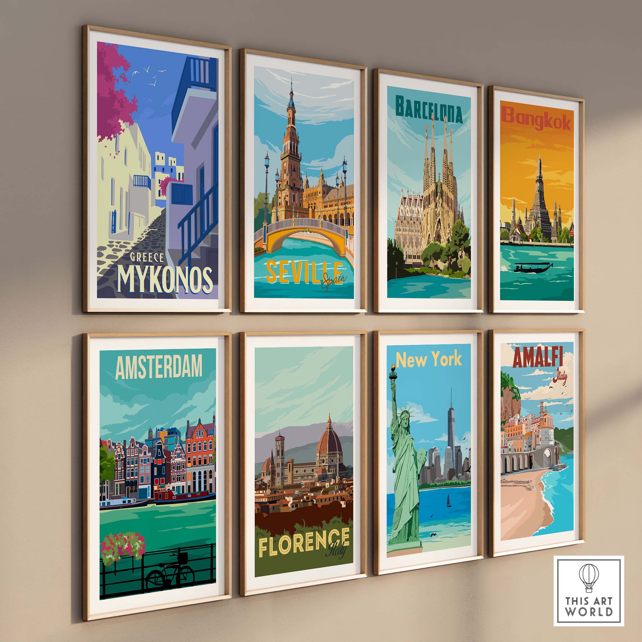 Colorful Mykonos and city travel posters framed on wall, showcasing vintage art inspired by popular travel destinations.