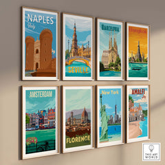 Framed travel posters featuring Naples, Barcelona, Bangkok, Seville, Amsterdam, Florence, New York, and Amalfi.
