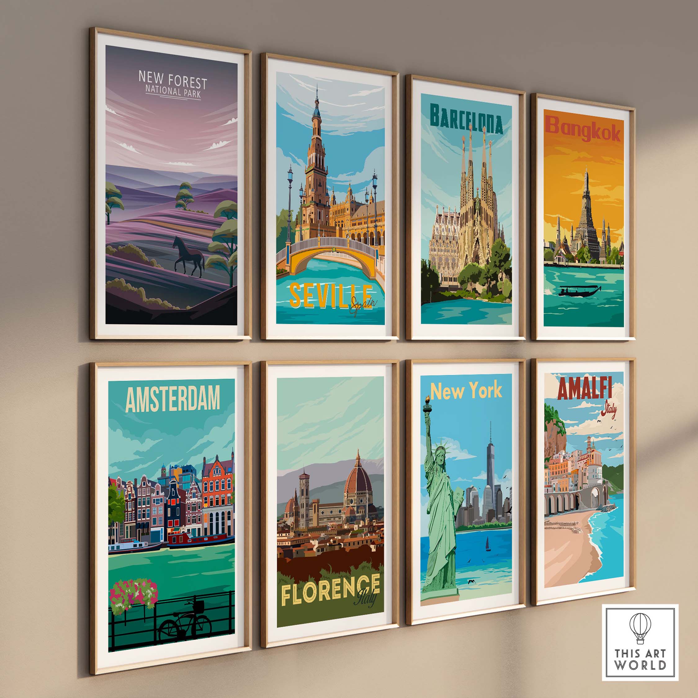 Gallery of minimalist travel posters featuring New Forest, Barcelona, Bangkok, Seville, Amsterdam, Florence, New York, and Amalfi.