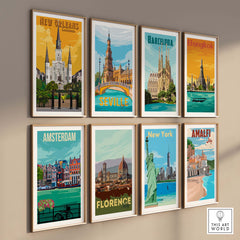 Vintage travel poster wall art featuring New York, Amsterdam, and more, adding wanderlust to home decor.