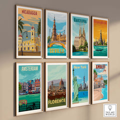 Collection of vintage travel posters featuring Nicaragua, Barcelona, Bangkok, and more in stylish frames.