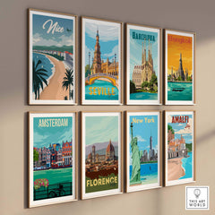 Collection of vintage travel posters featuring Nice, Barcelona, Bangkok, Seville, Amsterdam, Florence, New York, and Amalfi.