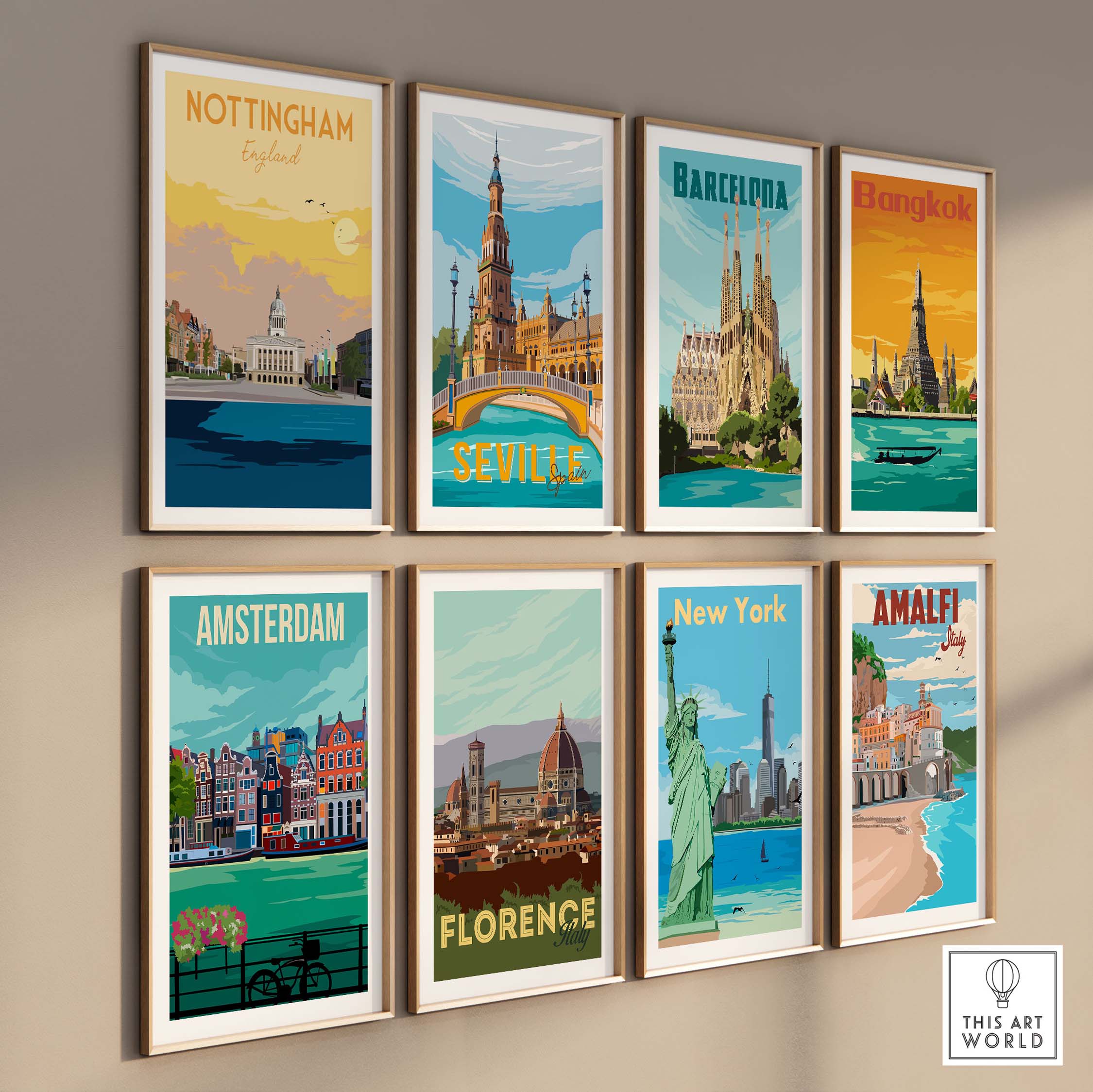 A collection of vintage travel posters including Nottingham, Barcelona, and New York, showcasing vibrant cityscapes.