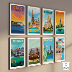 Gallery of vintage travel posters including Oslo, Barcelona, Bangkok, and more, perfect for home decor.