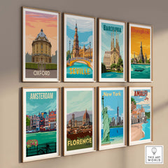 Collage of vintage travel posters including Oxford, Seville, Barcelona, Bangkok, Amsterdam, Florence, New York, Amalfi.