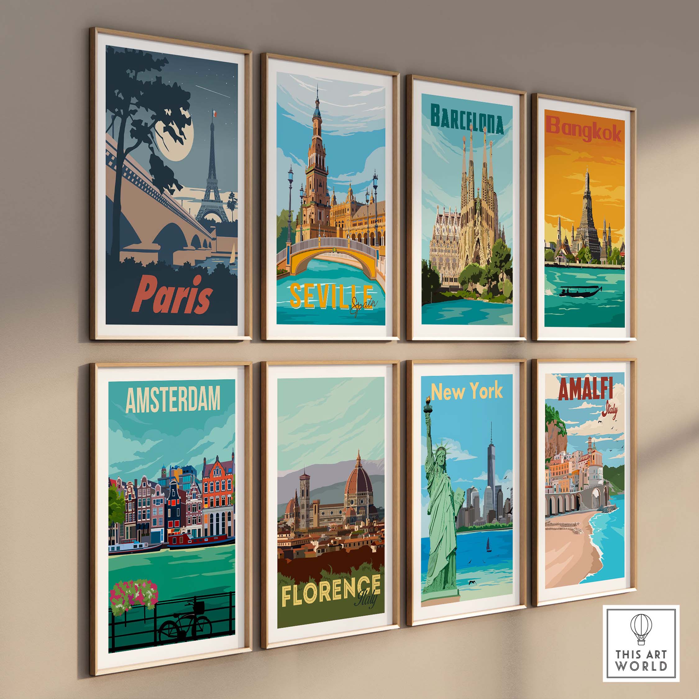 Framed vintage travel art prints featuring Paris, Barcelona, Bangkok, Seville, Amsterdam, Florence, New York, and Amalfi.