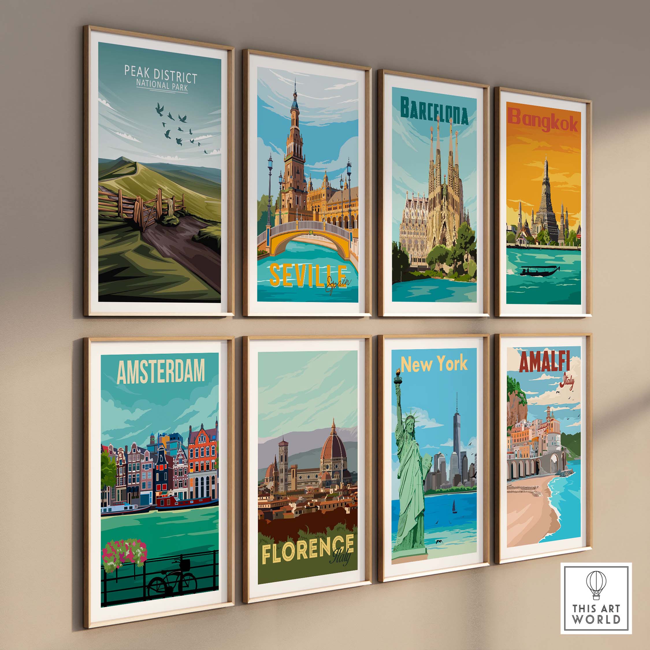 Gallery of travel posters featuring Peak District, Barcelona, New York, and more in vibrant colors.