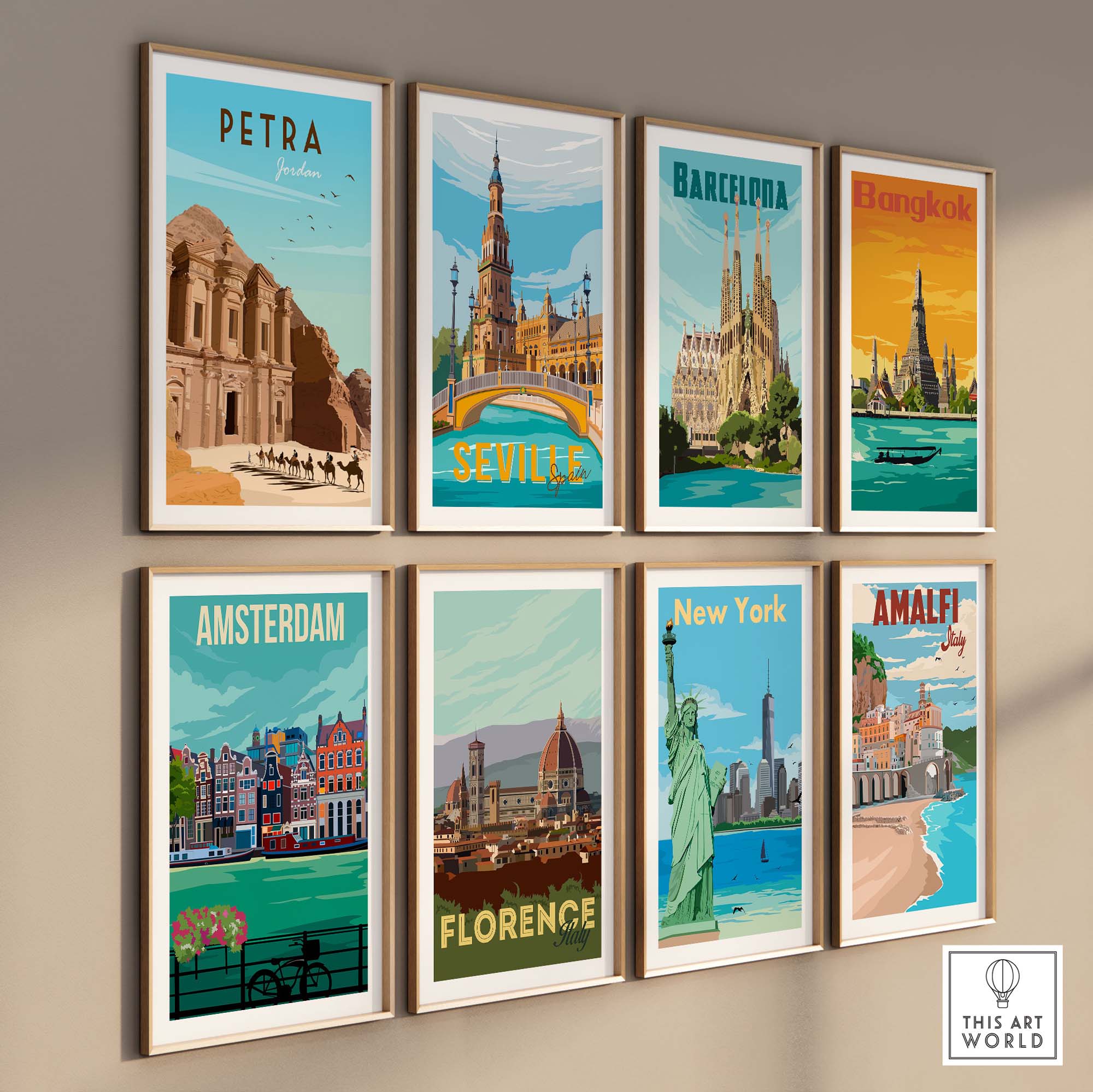 Collection of vintage travel poster prints featuring Petra, Barcelona, Seville, Bangkok, Amsterdam, Florence, New York, and Amalfi.