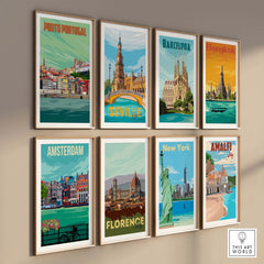 Colorful Porto Print Poster Wall Art showcasing various cityscapes including Amsterdam, New York, and Barcelona.