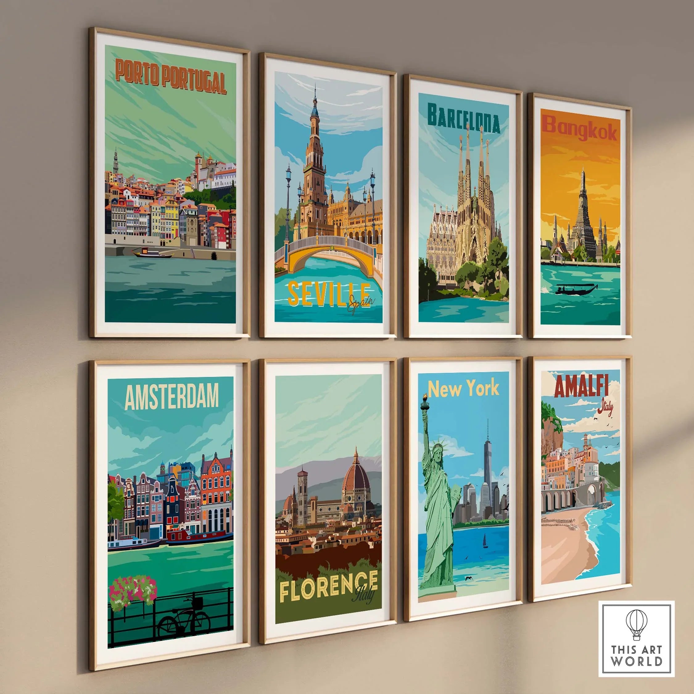 Colorful Porto Print Poster Wall Art showcasing various cityscapes including Amsterdam, New York, and Barcelona.