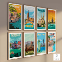 Colorful vintage travel posters featuring Portofino, Barcelona, Amsterdam, and more, framed on a stylish wall.