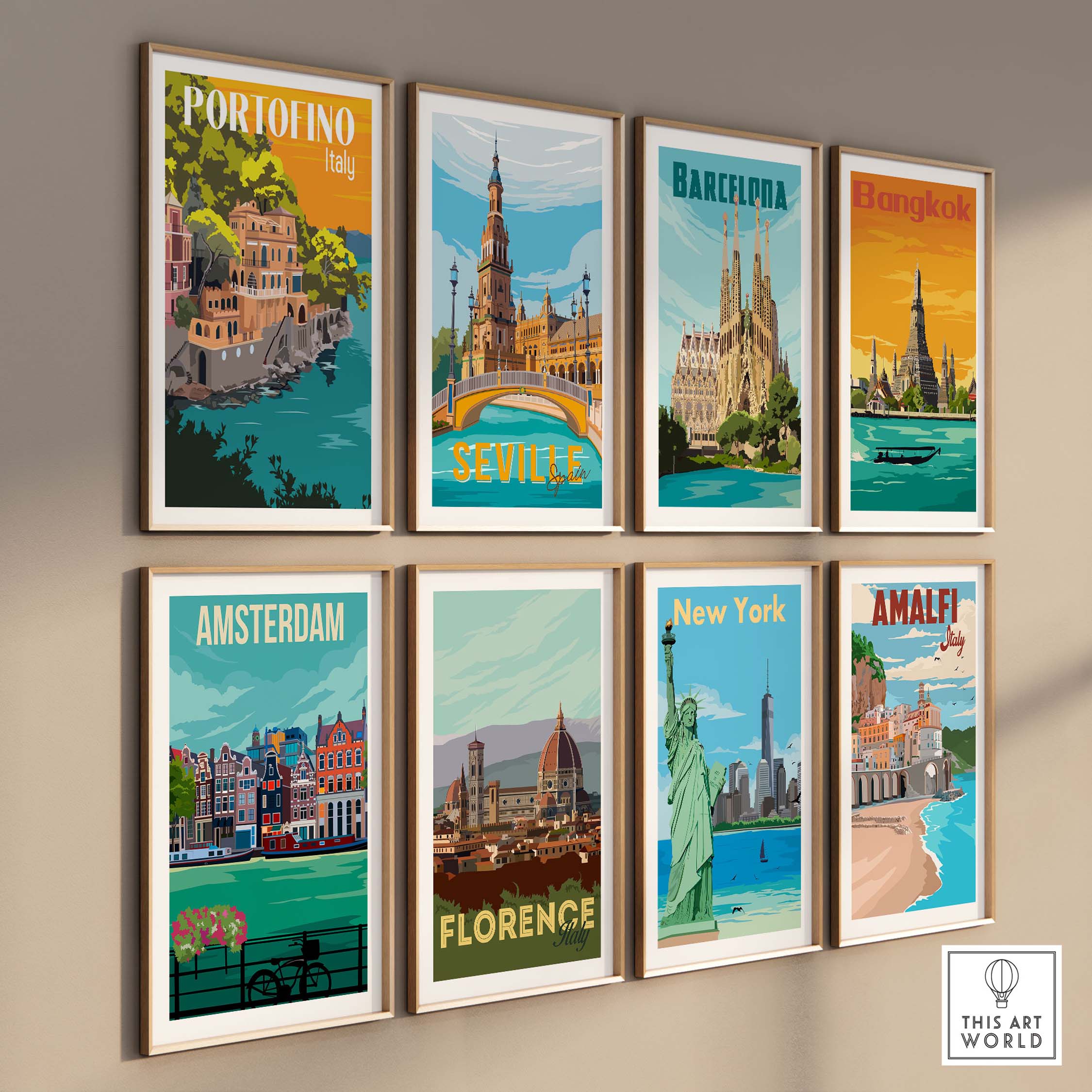 Colorful vintage travel posters featuring Portofino, Barcelona, Amsterdam, and more, framed on a stylish wall.