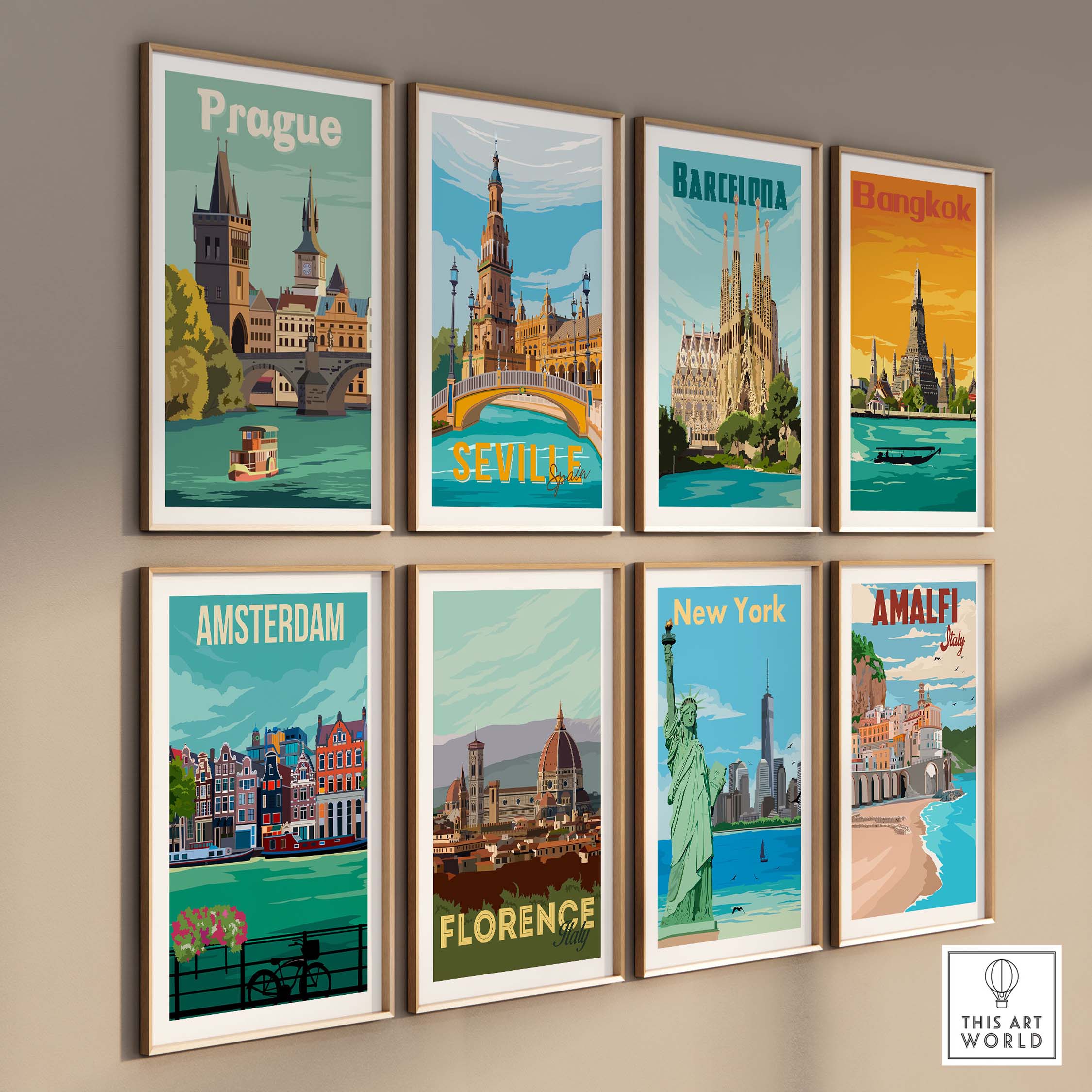 Vintage travel poster wall art featuring Prague, Barcelona, Bangkok, and more destinations.