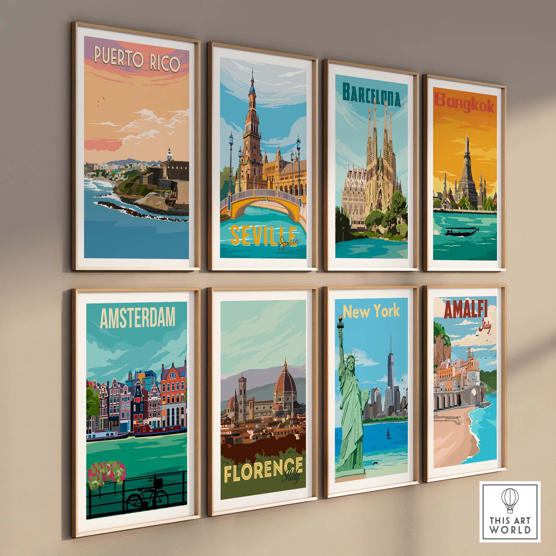 Collection of vintage travel posters featuring Puerto Rico, Barcelona, Bangkok, Seville, Amsterdam, Florence, New York, Amalfi.